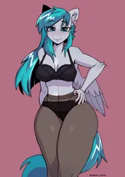 Size: 2480x3508 | Tagged: suggestive, artist:cherry_kotya, derpibooru import, oc, oc:vinyl dask, anthro, pegasus, pony, bra, clothes, image, looking at you, panties, pantyhose, png, tights, underwear, wings