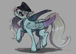 Size: 1750x1250 | Tagged: safe, artist:unichromacorn, derpibooru import, oc, unofficial characters only, pegasus, pony, blonde hair, blonde tail, blue coat, blue wings, full body, gray background, image, jpeg, military hat, pegasus oc, red eyes, side view, simple background, solo, tail, teal coat, unamused, wings