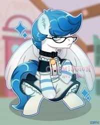 Size: 1920x2396 | Tagged: safe, artist:scarffist, derpibooru import, oc, unofficial characters only, pegasus, pony, base used, blue eyes, clothes, collar, commission, cute, glasses, image, light skin, maid, male, png, short hair, short mane, socks, solo, sparkles, stockings, thigh highs, ych result