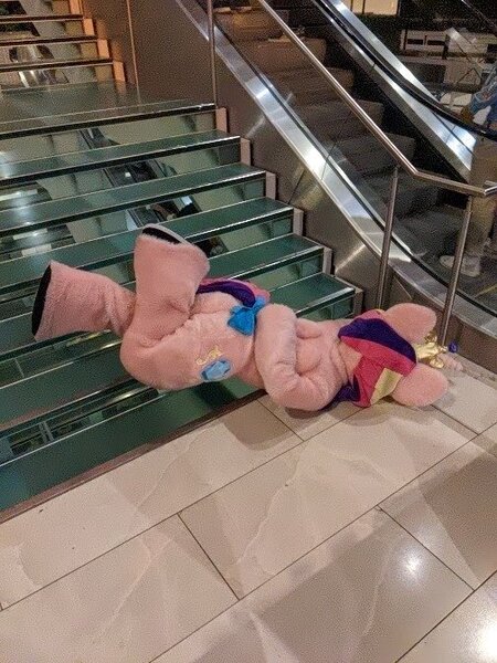 Size: 504x672 | Tagged: safe, artist:qtpony, artist:zizzydizzymc, derpibooru import, princess cadance, female, fursuit, image, irl, jpeg, on ground, photo, ponysuit, solo, stairs