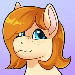 Size: 600x600 | Tagged: safe, artist:rindeadsong, derpibooru import, oc, oc:copper moon, unofficial characters only, earth pony, pony, bust, eyebrows, eyebrows visible through hair, freckles, image, png, portrait, simple background, smiling, solo, transformation, transformation sequence