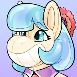 Size: 600x600 | Tagged: safe, artist:rindeadsong, derpibooru import, coco pommel, oc, oc:copper moon, earth pony, inflatable pony, pony, bean mouth, bust, eyebrows, eyebrows visible through hair, forced smile, grin, image, inanimate tf, inflatable, png, portrait, rubber, seams, shiny, simple background, smiling, solo, transformation, transformation sequence