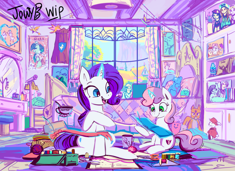 Size: 4749x3461 | Tagged: safe, artist:jowybean, derpibooru import, rarity, sweetie belle, pony, unicorn, g4, bed, bedroom, belle sisters, cape, clothes, cmc cape, cup, duo, duo female, fabric, female, filly, foal, glow, glowing horn, high res, horn, image, levitation, magic, mare, microphone, mirror, mug, open mouth, open smile, png, scissors, sewing needle, siblings, sisters, sitting, smiling, teacup, telekinesis, thread, window, wip