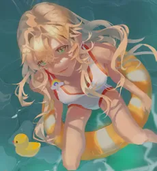 Size: 2480x2700 | Tagged: safe, artist:yuyuyu69106, derpibooru import, applejack, human, clothes, floaty, humanized, image, one-piece swimsuit, png, pool toy, rubber duck, solo, swimsuit, water