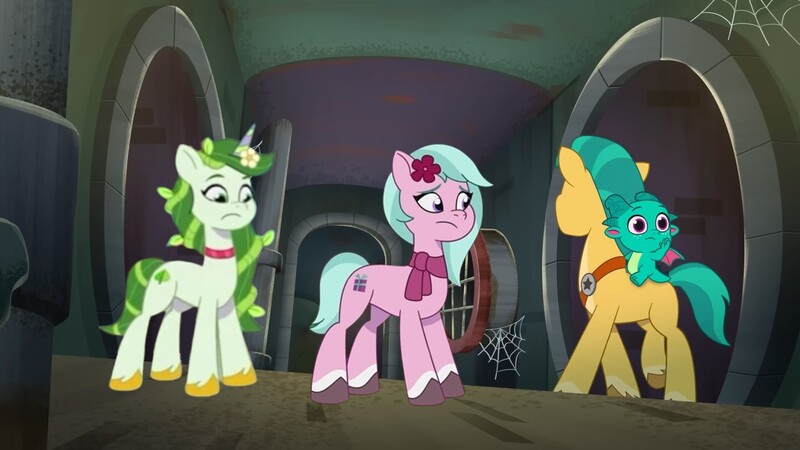 Size: 1920x1080 | Tagged: safe, derpibooru import, edit, edited screencap, editor:luckydog416, screencap, hitch trailblazer, sparky sparkeroni, g5, my little pony: tell your tale, dahlia, hall-o-marers, image, jpeg, leaf, 莉芙