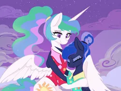 Size: 2160x1620 | Tagged: safe, artist:太阳鸭, derpibooru import, princess celestia, princess luna, alicorn, pony, clothes, duo, duo female, eyes closed, female, hawaiian shirt, hug, image, jpeg, mare, royal sisters, shirt, siblings, sisters, smiling, spread wings, winghug, wings