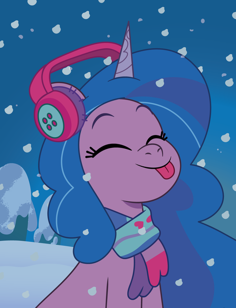 Size: 1096x1430 | Tagged: safe, artist:prixy05, derpibooru import, izzy moonbow, pony, unicorn, g5, my little pony: tell your tale, clothes, earmuffs, eyes closed, female, horn, image, mare, png, scarf, snow, snowfall, solo, tongue out