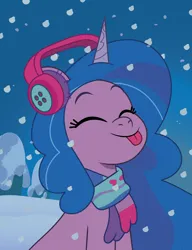 Size: 1096x1430 | Tagged: safe, artist:prixy05, derpibooru import, izzy moonbow, pony, unicorn, g5, my little pony: tell your tale, clothes, earmuffs, eyes closed, female, horn, image, mare, png, scarf, snow, snowfall, solo, tongue out