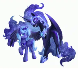 Size: 3287x2917 | Tagged: safe, artist:gull marine, derpibooru import, nightmare moon, princess luna, alicorn, pony, g4, duo, female, helmet, hoof shoes, image, jewelry, jpeg, mare, peytral, regalia, simple background, unshorn fetlocks, white background