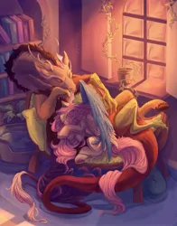 Size: 2701x3437 | Tagged: safe, artist:gull marine, derpibooru import, discord, fluttershy, draconequus, pegasus, pony, g4, discoshy, duo, female, image, jpeg, lying down, male, mare, shipping, sleeping, straight