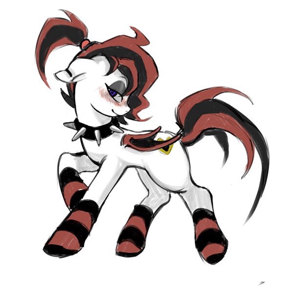 Size: 2048x2048 | Tagged: safe, artist:qianjibahe, derpibooru import, oc, unofficial characters only, demon, demon pony, original species, pony, choker, clothes, ear piercing, earring, female, image, jewelry, jpeg, mare, piercing, simple background, socks, solo, spiked choker, striped socks, white background