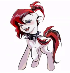 Size: 788x822 | Tagged: safe, artist:qianjibahe, derpibooru import, oc, unofficial characters only, demon, demon pony, original species, pony, blushing, choker, ear piercing, earring, female, image, jewelry, jpeg, mare, piercing, simple background, solo, spiked choker, white background