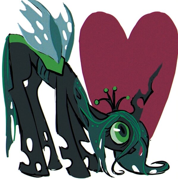 Size: 1022x1024 | Tagged: safe, artist:qianjibahe, derpibooru import, queen chrysalis, changeling, changeling queen, pony, g4, face down, female, heart, image, jpeg, mare, solo