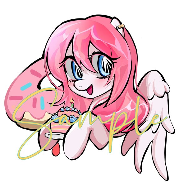 Size: 2222x2314 | Tagged: safe, artist:qianjibahe, derpibooru import, oc, unofficial characters only, pegasus, pony, cake, donut, female, food, image, jpeg, mare, sample, simple background, watermark, white background