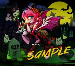 Size: 4000x3508 | Tagged: safe, artist:qianjibahe, derpibooru import, oc, unofficial characters only, bat, bat pony, ghost, pony, undead, clothes, commission, costume, dress, female, full moon, gravestone, halloween, halloween costume, holiday, image, jpeg, mare, moon, sample, skull, solo, watermark