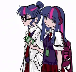 Size: 882x838 | Tagged: safe, artist:qianjibahe, derpibooru import, sci-twi, twilight sparkle, human, equestria girls, g4, backpack, clothes, duo, female, glasses, headphones, image, jpeg, lab coat, school uniform, twolight