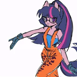 Size: 736x742 | Tagged: safe, artist:qianjibahe, derpibooru import, twilight sparkle, human, equestria girls, g4, clothes, eared humanization, female, glasses, gloves, humanized, image, jpeg, simple background, solo, tail, tailed humanization, white background