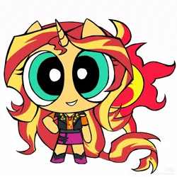 Size: 1200x1200 | Tagged: safe, artist:qianjibahe, derpibooru import, sunset shimmer, anthro, unicorn, g4, clothes, female, horn, image, jpeg, solo, style emulation, the powerpuff girls