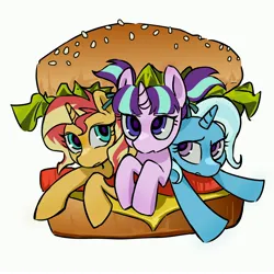 Size: 4096x4096 | Tagged: safe, artist:qianjibahe, derpibooru import, starlight glimmer, sunset shimmer, trixie, pony, unicorn, g4, burger, female, food, hamburger, horn, image, jpeg, mare, ponies in food, simple background, trio, white background