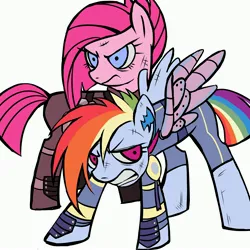 Size: 4096x4096 | Tagged: safe, artist:qianjibahe, derpibooru import, pinkie pie, rainbow dash, earth pony, pegasus, pony, g4, alternate hairstyle, alternate timeline, amputee, apinkalypse pie, apocalypse dash, artificial wings, augmented, crystal war timeline, female, gritted teeth, image, jpeg, mare, pinkamena diane pie, prosthetic limb, prosthetic wing, prosthetics, simple background, spread wings, teeth, torn ear, wings