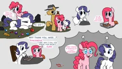 Size: 3840x2180 | Tagged: safe, artist:shelbysmol, derpibooru import, igneous rock pie, pinkie pie, rarity, earth pony, pony, unicorn, g4, the cutie mark chronicles, bed, blatant lies, blushing, carrying, clothes, dialogue, dress, female, filly, filly pinkie pie, filly rarity, foal, food, gem, headcanon, horn, image, lesbian, pinkamena diane pie, png, question mark, rock soup, ship:raripie, shipping, soup, thought bubble, younger