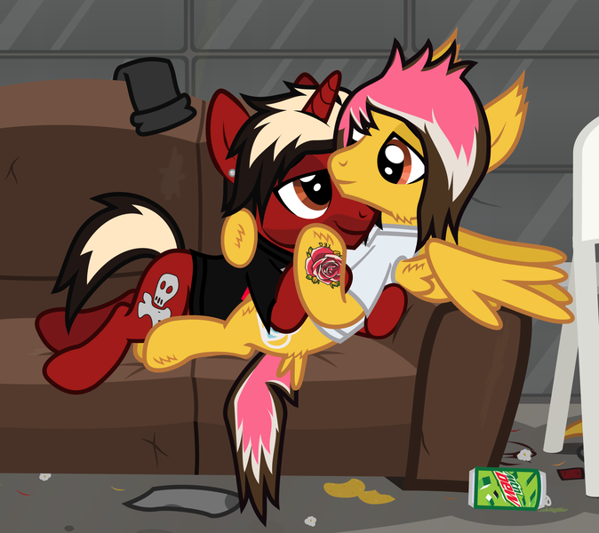 Size: 1766x1571 | Tagged: safe, artist:lightningbolt, derpibooru import, ponified, pegasus, pony, unicorn, .svg available, alex gaskarth, all time low, butt fluff, clothes, couch, cuddling, derpibooru exclusive, drink, duo, duo male, dyed mane, dyed tail, ear fluff, ear piercing, facial hair, gay, hoof fluff, horn, hug, image, jack barakat, lidded eyes, looking at each other, looking at someone, lying down, male, messy mane, messy room, on back, partially open wings, piercing, png, prone, shipping, shirt, short sleeves, show accurate, smiling, smirk, soda can, stallion, t-shirt, tail, tail feathers, tattoo, vector, wing fluff, wings