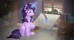 Size: 2120x1152 | Tagged: safe, artist:argent hex, derpibooru import, oc, oc:moon-beam, unofficial characters only, pony, unicorn, all nighter, blue eyes, blue magic, book, bookshelf, coffee mug, crystal, dark indigo mane, documents, drawer, helmet, horn, image, inkwell, lavender coat, magic, morning, mug, office, orrery, picture frame, png, quill, solo, sunrise, window, working