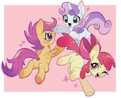 Size: 2549x2048 | Tagged: safe, artist:wang6440, derpibooru import, apple bloom, scootaloo, sweetie belle, earth pony, pegasus, pony, unicorn, g4, blank flank, cutie mark crusaders, female, filly, foal, heart, horn, image, one eye closed, open mouth, passepartout, pink background, png, simple background, smiling, trio, trio female, wink