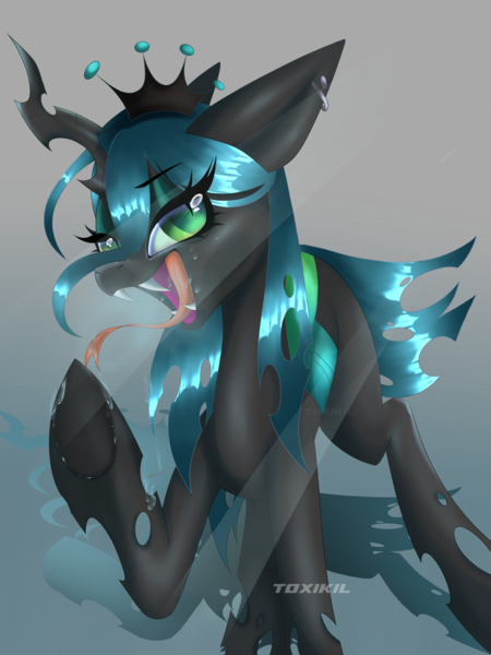 Size: 3000x4000 | Tagged: safe, artist:toxikil, derpibooru import, queen chrysalis, changeling, changeling queen, g4, against glass, crooked horn, crown, drool, ear piercing, female, floppy ears, front view, glass, horn, image, jewelry, licking, looking at you, piercing, png, raised hoof, regalia, shadow, shiny mane, simple background, smug, solo, tongue out