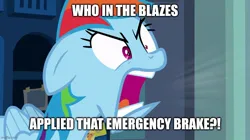 Size: 888x499 | Tagged: safe, anonymous artist, derpibooru import, edit, edited screencap, screencap, rainbow dash, pegasus, pony, g4, parental glideance, angry, female, floppy ears, furious, image, jpeg, lockers, mare, meme, open mouth, reference, reference in the description, solo, the polar express, who in the blazes applied that emergency brake?!, yelling