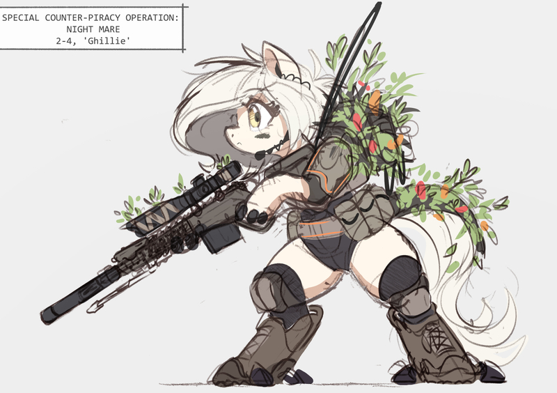 Size: 1347x950 | Tagged: safe, artist:ncmares, derpibooru import, oc, oc:ghillie, armor, bipedal, female, gun, image, jpeg, radio, rifle, scope, sniper, sniper rifle, solo, weapon