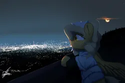 Size: 3834x2560 | Tagged: safe, alternate version, artist:potato22, derpibooru import, oc, oc:mareota, unofficial characters only, pegasus, pony, city, clothes, crescent moon, crying, female, high res, image, mare, moon, night, night sky, outdoors, pegasus oc, png, sky, solo, wings