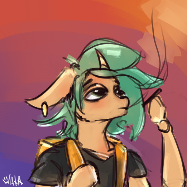 Size: 2000x2000 | Tagged: safe, artist:wata, derpibooru import, oc, oc:wata, unofficial characters only, anthro, unicorn, high res, horn, image, jpeg, looking up, piercing, smoking, solo