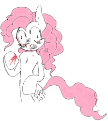 Size: 539x605 | Tagged: grimdark, artist:dddddaxie998839, derpibooru import, pinkie pie, earth pony, pony, g4, 2022, bags under eyes, big eyes, big hooves, bipedal, blood, blood on face, bloodshot eyes, bloody hooves, curly mane, curly tail, derp, female, image, jpeg, limited palette, long mane, long tail, mare, nosebleed, old art, pink mane, pink tail, raised hoof, shrunken pupils, slasher smile, smiling, solo, tail