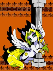 Size: 1200x1600 | Tagged: safe, artist:stacy_165cut, derpibooru import, oc, oc:golden apple (stacy165cut), unofficial characters only, pegasus, pony, abstract background, ballet slippers, blonde mane, blonde tail, blush lines, blushing, classical architecture, colored hooves, eyelashes, eyeshadow, female, female oc, frown, gold hooves, gold mane, gold tail, green eyes, hoof hold, hooves, image, jpeg, lidded eyes, long mane, long tail, looking away, makeup, mare, mare oc, patterned background, pegasus oc, pillar, pink eyeshadow, shadow, shiny hooves, shiny mane, shiny tail, solo, spread wings, tail, thin, white coat, wingding eyes, wings