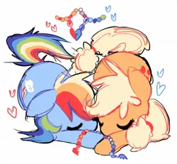 Size: 1338x1238 | Tagged: safe, artist:appledash3r_, derpibooru import, applejack, rainbow dash, earth pony, pegasus, pony, g4, appledash, blonde mane, blonde tail, blue coat, bracelet, colored sketch, cuddling, cute, dashabetes, duo, duo female, eyes closed, female, floating heart, floppy ears, friendship bracelet, hatless, heart, hearts and hooves day, image, jackabetes, jewelry, jpeg, lesbian, lying down, mare, missing accessory, mlp ship week 2024, multicolored hair, orange coat, ponytail, prone, rainbow hair, rainbow tail, shipping, simple background, sketch, tail, tied mane, tied tail, white background