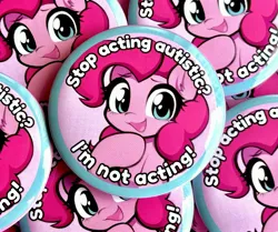 Size: 3411x2847 | Tagged: safe, artist:moozua, derpibooru import, pinkie pie, earth pony, pony, g4, :3, autism spectrum disorder, autistic pinkie pie, big eyes, blue eyes, button pins, curly mane, everfree northwest, everfree northwest 2024, eyelashes, female, image, jpeg, looking at you, mare, pin, pin design, pink coat, pink mane, raised hoof, smiling, smiling at you, solo, text, white text