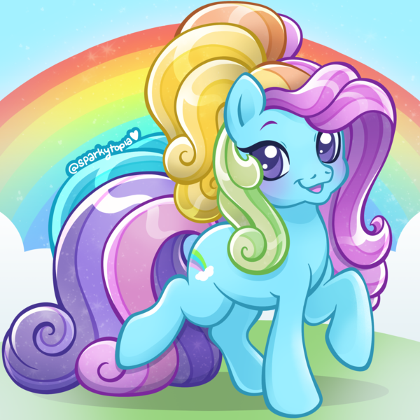 Size: 2400x2400 | Tagged: safe, artist:sparkytopia, derpibooru import, rainbow dash (g3), earth pony, pony, g3, blue coat, cloud, eyebrows, female, g3.5, image, looking at you, mare, multicolored hair, open mouth, png, purple eyes, rainbow, rainbow hair, raised hoof, signature, solo