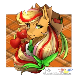 Size: 1000x1000 | Tagged: safe, artist:legendaryshadee, derpibooru import, applejack, pony, apple, bust, food, image, png, portrait, rainbow power, solo