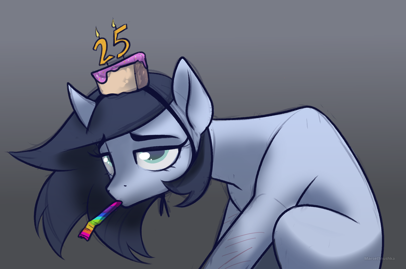 Size: 2462x1631 | Tagged: safe, artist:marsel1nushka, derpibooru import, oc, unofficial characters only, earth pony, pony, birthday, blue eyes, earth pony oc, gradient background, gray coat, gray mane, image, party horn, png, scarred, solo