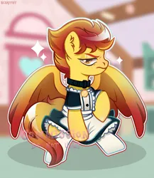 Size: 1920x2212 | Tagged: safe, artist:scarffist, derpibooru import, oc, unofficial characters only, pegasus, pony, clothes, commission, image, maid, png, red hair, red mane, short hair, short mane, socks, solo, sparkles, stockings, thigh highs, ych result, yellow eyes