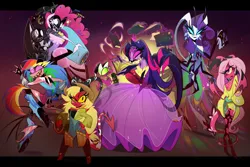 Size: 2351x1567 | Tagged: safe, artist:entropystar, derpibooru import, applejack, fluttershy, pinkie pie, rainbow dash, rarity, spike, twilight sparkle, anthro, bird, butterfly, demon, digitigrade anthro, hybrid, imp, insect, owl, reptile, snake, succubus, undead, g4, alternate universe, angel, angelic wings, angelified, bare shoulders, barrel, bird demon, birdified, book, boots, butterfly demon, butterfly wings, choker, clothes, cowboy boots, cowboy hat, crossover, cutie mark accessory, cutie mark necklace, demon horns, demon wings, demonized, devil tail, dress, exorcist angel, fangs, female, four eyes, gown, gradient background, group picture, halo, hat, hazbin hotel, heavenborn, hellaverse, hellborn, horns, image, impified, jewelry, jpeg, levitation, looking at you, magic, mane seven, mane six, mask, multiple eyes, my little x, necklace, overalls, owl demon, panicking, party cannon, ripped stockings, shoes, sinner demon, socks, species swap, spellbook, stockings, succufied, tail, telekinesis, thigh highs, torn clothes, wings