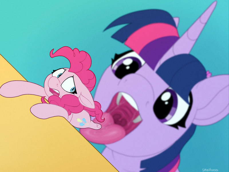 Size: 4000x3000 | Tagged: questionable, artist:smallhorses, derpibooru import, pinkie pie, twilight sparkle, earth pony, pony, unicorn, g4, depth of field, duo, duo female, female, fetish, hanging, high angle, horn, image, imminent vore, jpeg, looking back, maw, mawshot, micro, open mouth, peril, pinkie prey, soft vore, tongue out, twipred, unwilling prey, unwilling vore, uvula, vore