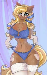 Size: 1600x2560 | Tagged: suggestive, artist:agleo, ponerpics import, oc, oc:diafana, unofficial characters only, anthro, crystal pony, bra, breasts, clothes, female, glasses, image, jpeg, lingerie, panties, panty pull, socks, stockings, thigh highs, underwear, wasp waist