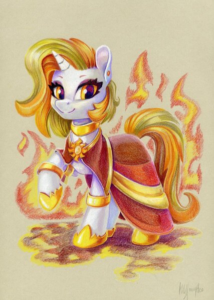 Size: 854x1200 | Tagged: safe, artist:maytee, derpibooru import, oc, oc:aurora shinespark, unofficial characters only, pony, unicorn, fire, horn, image, jpeg, solo, traditional art