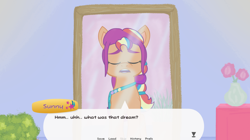 Size: 1920x1080 | Tagged: safe, artist:yoshigreenwater, derpibooru import, sunny starscout, earth pony, pony, g5, crystal brighthouse, dialogue, eyes closed, fan game, female, game, game screencap, image, looking at mirror, mane stripe sunny, mare, mirror, png, solo, sunny's dream, video game, visual novel