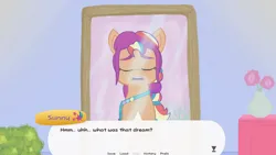 Size: 1920x1080 | Tagged: safe, artist:yoshigreenwater, derpibooru import, sunny starscout, earth pony, pony, g5, crystal brighthouse, dialogue, eyes closed, fan game, female, game, game screencap, image, looking at mirror, mane stripe sunny, mare, mirror, png, solo, sunny's dream, video game, visual novel