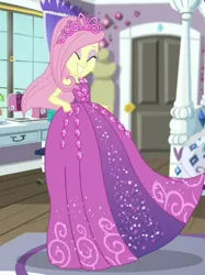 Size: 605x807 | Tagged: safe, derpibooru import, edit, edited screencap, screencap, fluttershy, human, costume conundrum, equestria girls, equestria girls series, g4, spoiler:eqg series (season 2), ^^, beautiful, clothes, costume conundrum: rarity, cropped, cute, dress, eyes closed, eyeshadow, female, flutterbeautiful, gown, grin, image, jewelry, jpeg, makeup, my little pony equestria girls: choose your own ending, princess costume, princess fluttershy, rarity's bedroom, shyabetes, sleeveless, smiling, solo, spinning, tiara