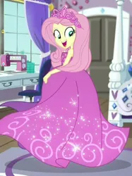 Size: 580x774 | Tagged: safe, derpibooru import, edit, edited screencap, screencap, fluttershy, human, costume conundrum, equestria girls, equestria girls series, g4, spoiler:eqg series (season 2), beautiful, clothes, costume conundrum: rarity, cropped, cute, dress, female, flutterbeautiful, gown, image, jewelry, jpeg, my little pony equestria girls: choose your own ending, open mouth, open smile, princess costume, princess fluttershy, rarity's bedroom, shyabetes, sleeveless, smiling, solo, spinning, tiara