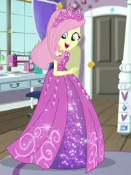 Size: 561x749 | Tagged: safe, derpibooru import, edit, edited screencap, screencap, fluttershy, human, costume conundrum, equestria girls, equestria girls series, g4, spoiler:eqg series (season 2), beautiful, clothes, costume conundrum: rarity, cropped, cute, dress, eyeshadow, female, flutterbeautiful, gown, image, jewelry, jpeg, makeup, my little pony equestria girls: choose your own ending, open mouth, open smile, princess costume, princess fluttershy, rarity's bedroom, shyabetes, sleeveless, smiling, solo, spinning, tiara